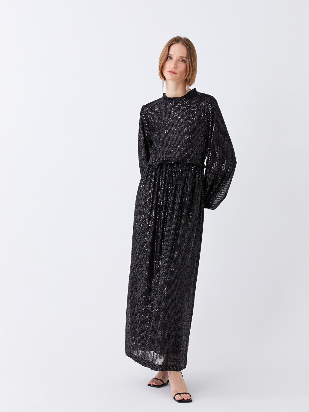 Siyah Dik Yaka Pul Payetli Uzun Kollu Kadın Abiye Elbise-1