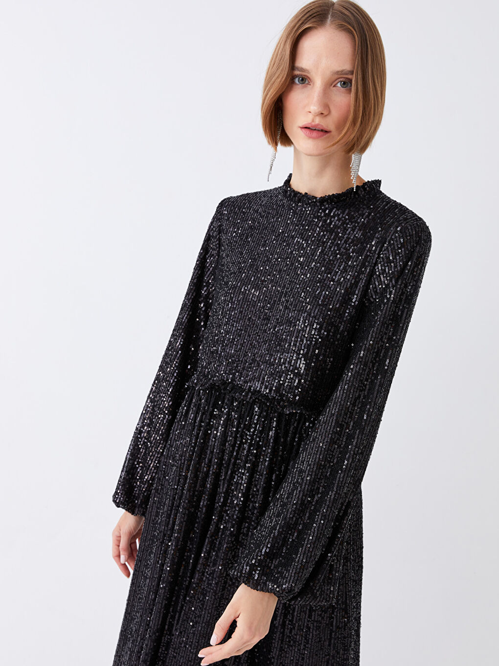 Siyah Dik Yaka Pul Payetli Uzun Kollu Kadın Abiye Elbise-2