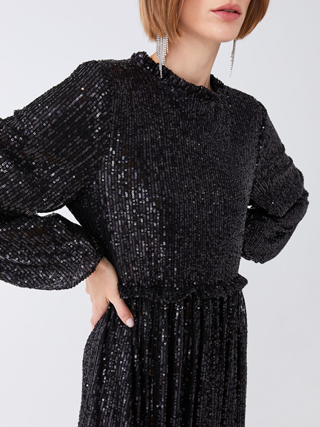 Siyah Dik Yaka Pul Payetli Uzun Kollu Kadın Abiye Elbise-3