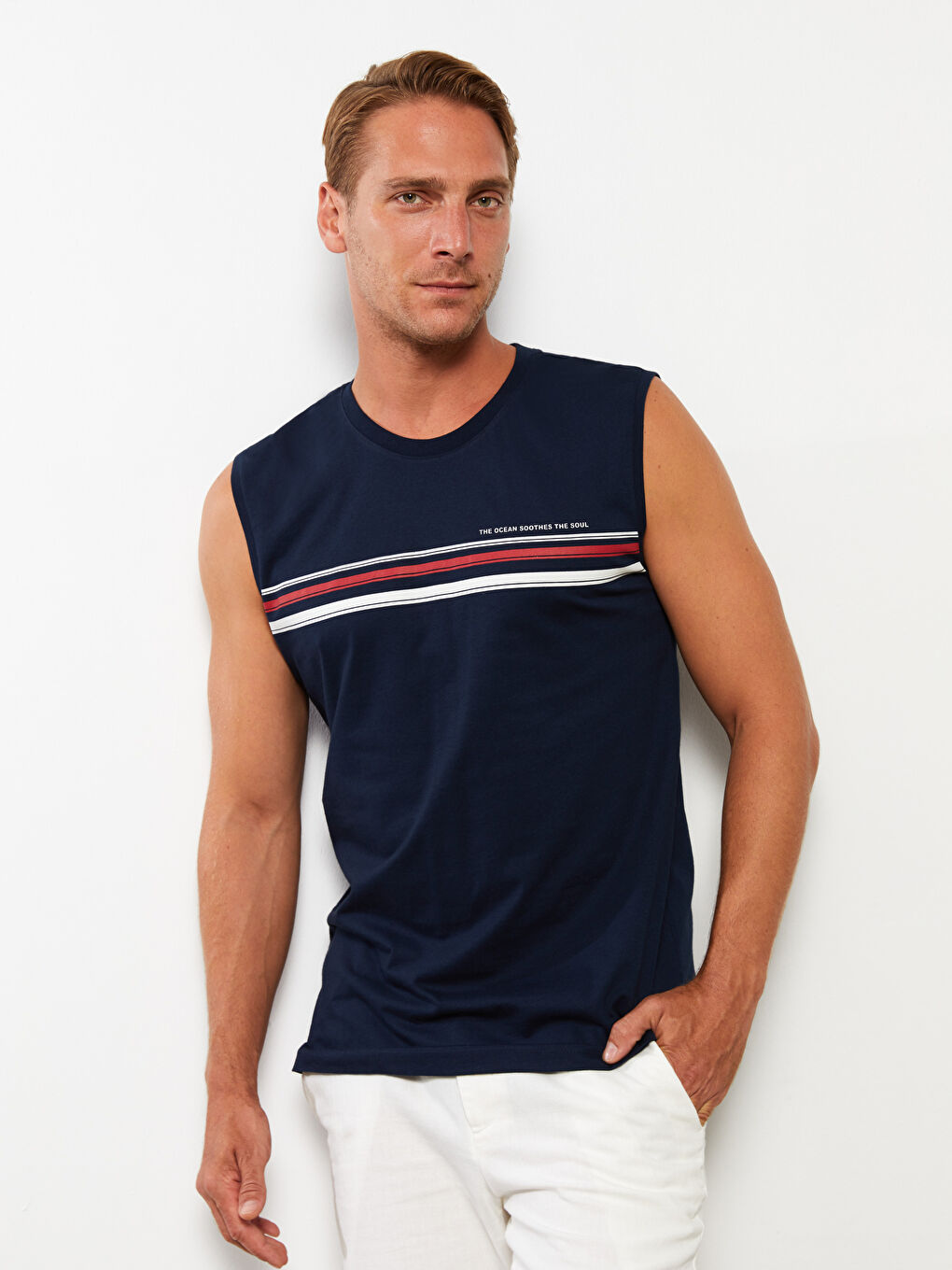 Lacivert Bisiklet Yaka Baskılı Penye Erkek Kolsuz Tişört