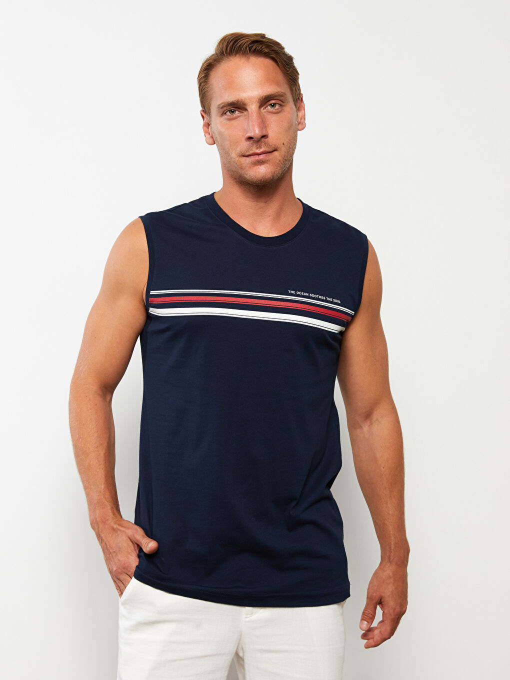 Lacivert Bisiklet Yaka Baskılı Penye Erkek Kolsuz Tişört-1