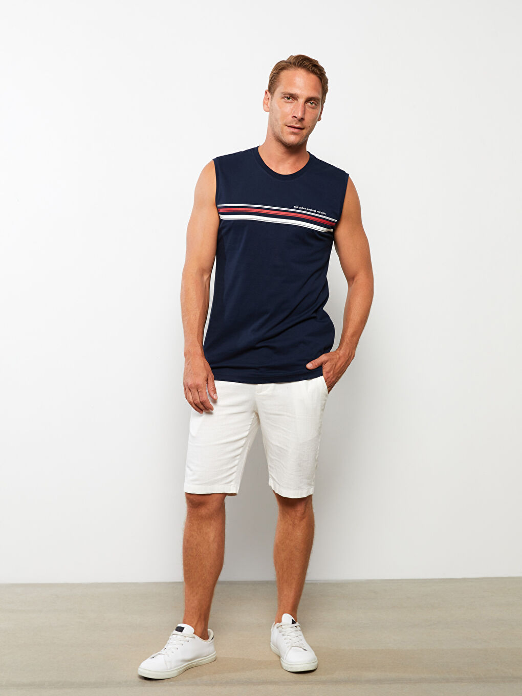 Lacivert Bisiklet Yaka Baskılı Penye Erkek Kolsuz Tişört-2