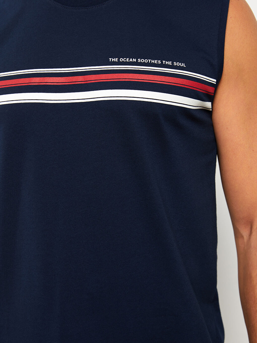 Lacivert Bisiklet Yaka Baskılı Penye Erkek Kolsuz Tişört-3