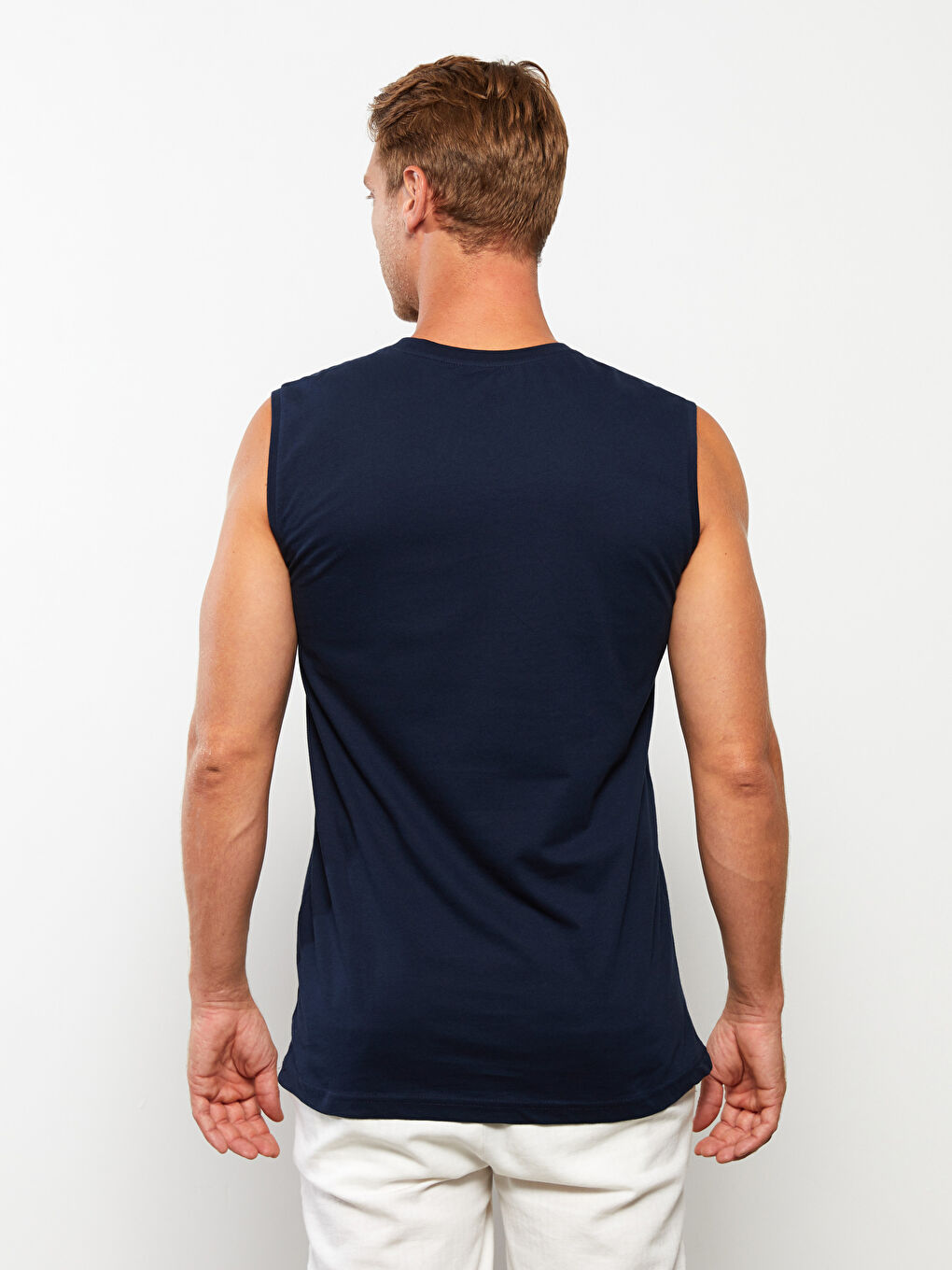 Lacivert Bisiklet Yaka Baskılı Penye Erkek Kolsuz Tişört-4