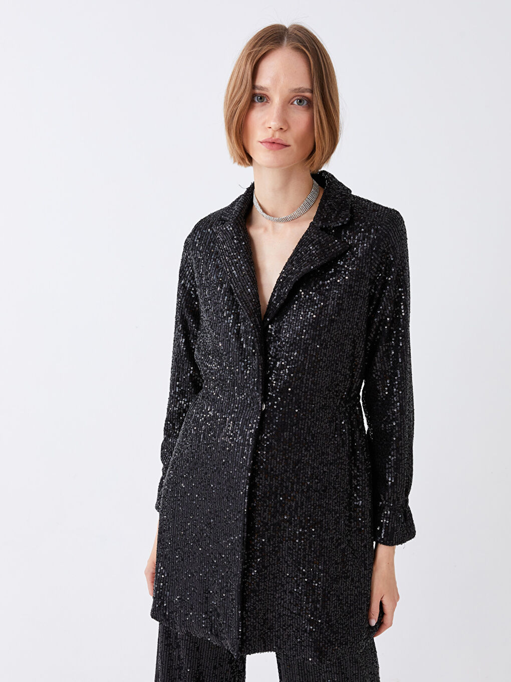 Siyah Önden Düğme Kapamalı Pul Payet İşlemeli Uzun Kollu Kadın Abiye Ceket-1