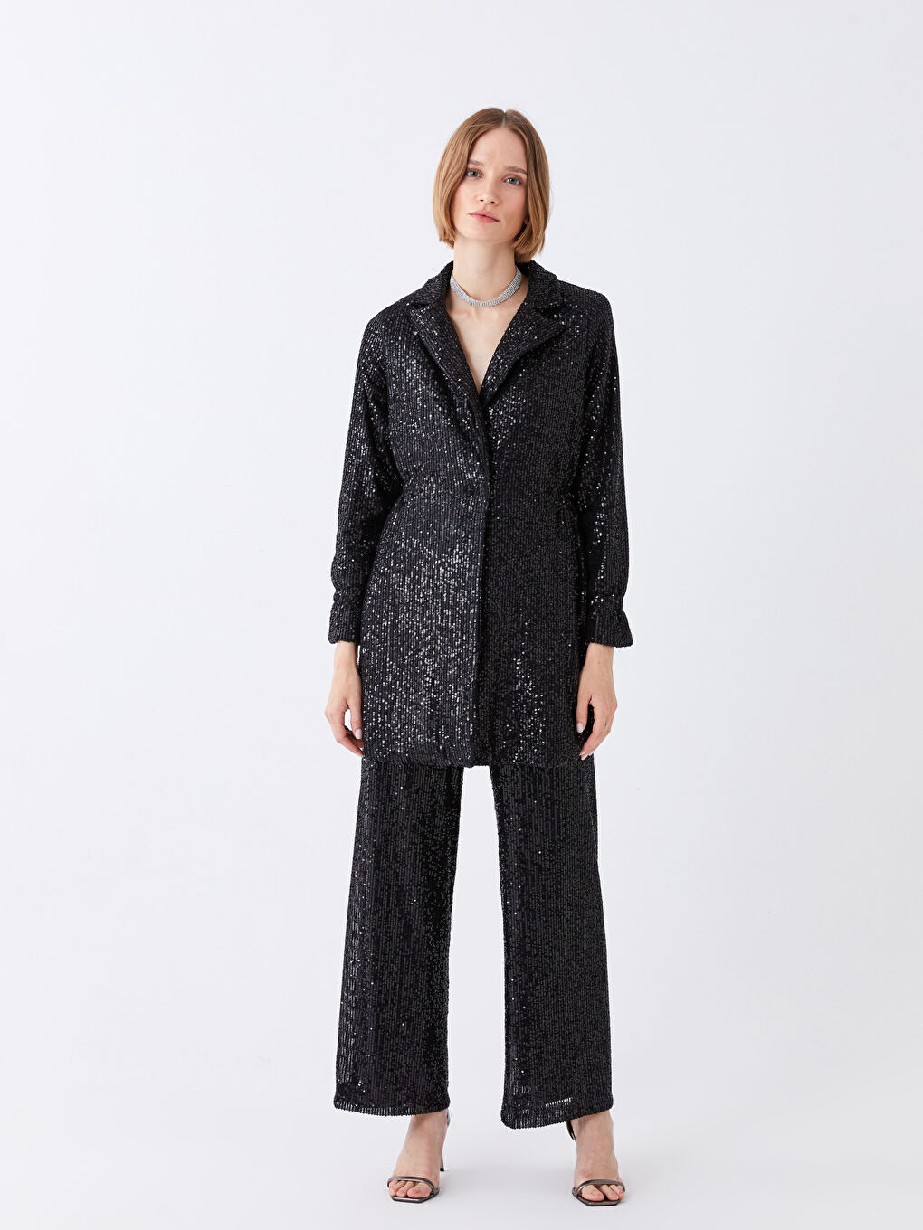 Siyah Önden Düğme Kapamalı Pul Payet İşlemeli Uzun Kollu Kadın Abiye Ceket-2