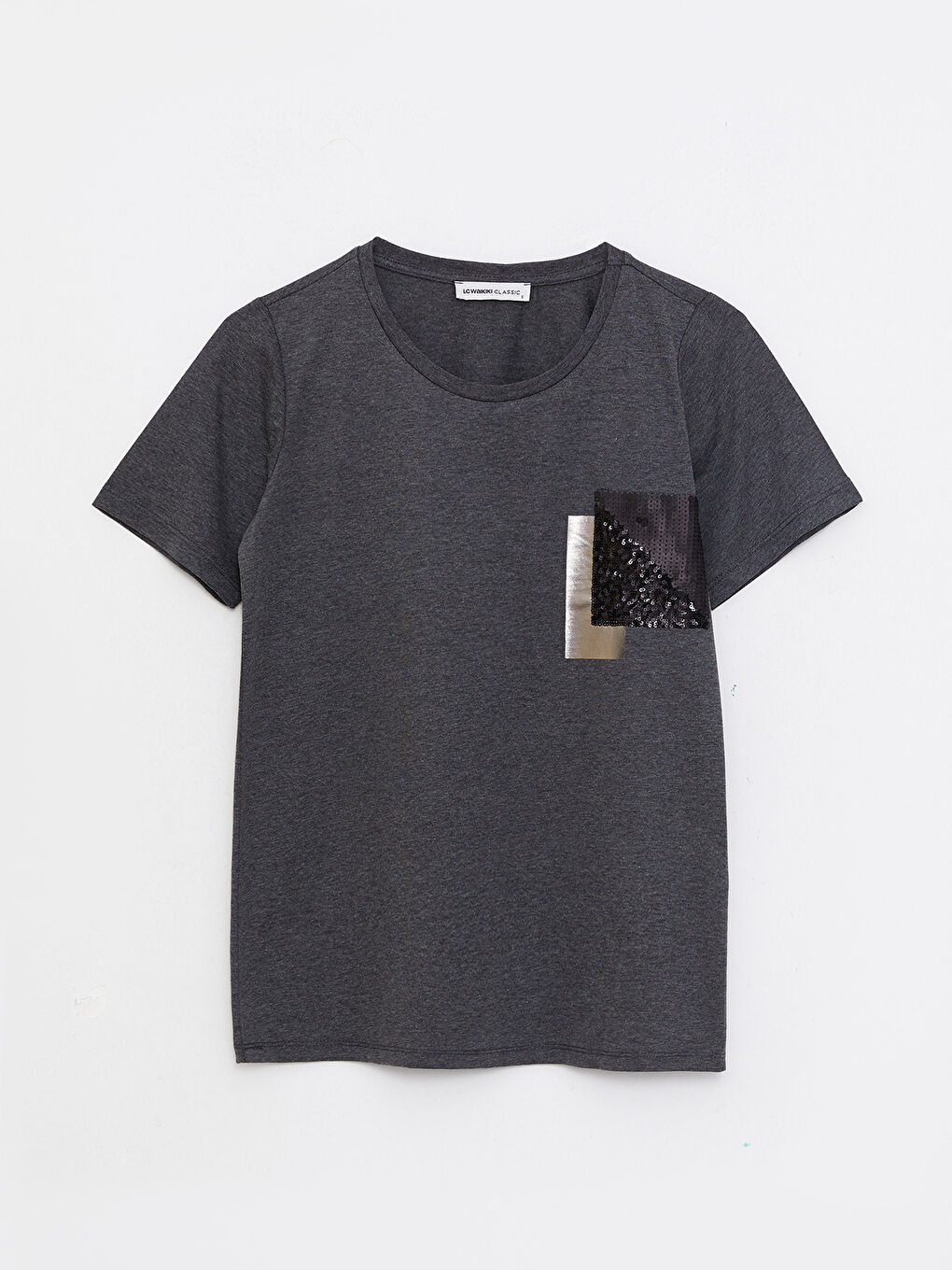 Gri Bisiklet Yaka Payet İşlemeli Kısa Kollu Kadın Tişört-5