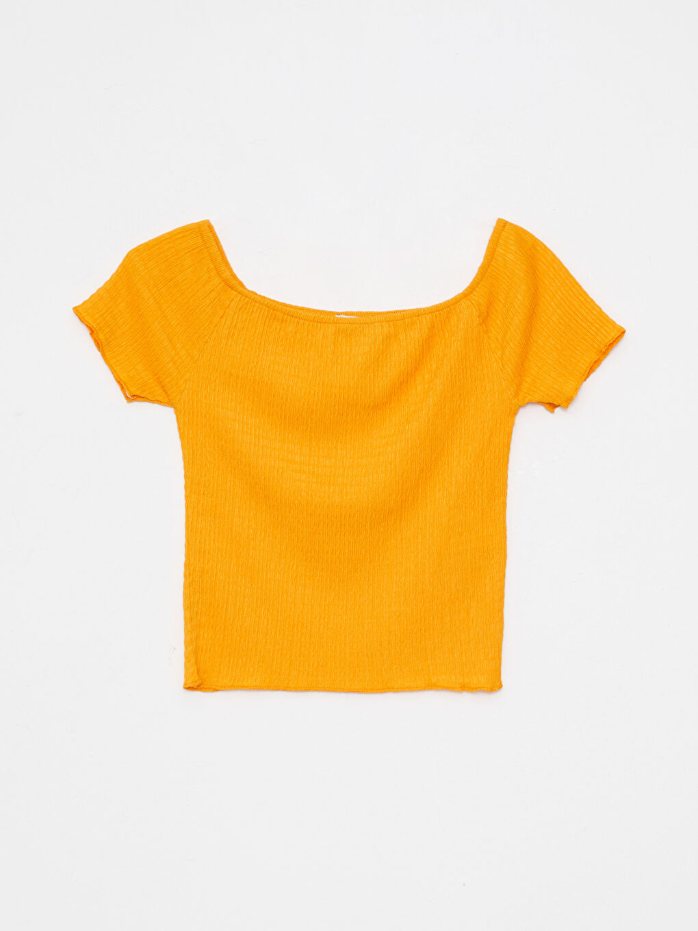 Turuncu Kayık Yaka Düz Kısa Kollu Kadın Tişört-5