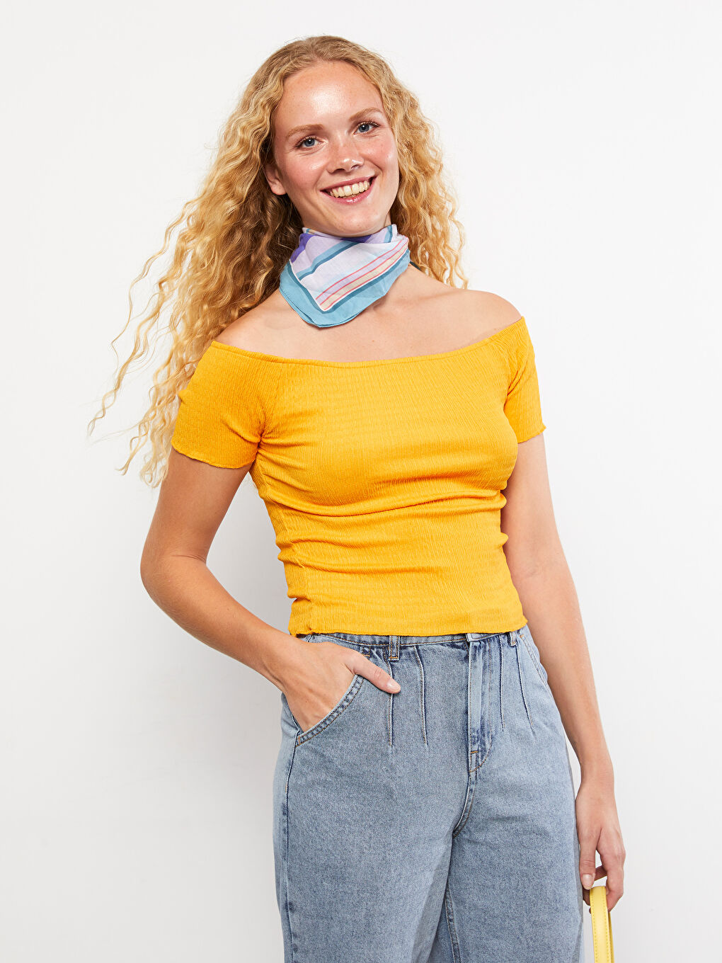 Turuncu Kayık Yaka Düz Kısa Kollu Kadın Tişört-2