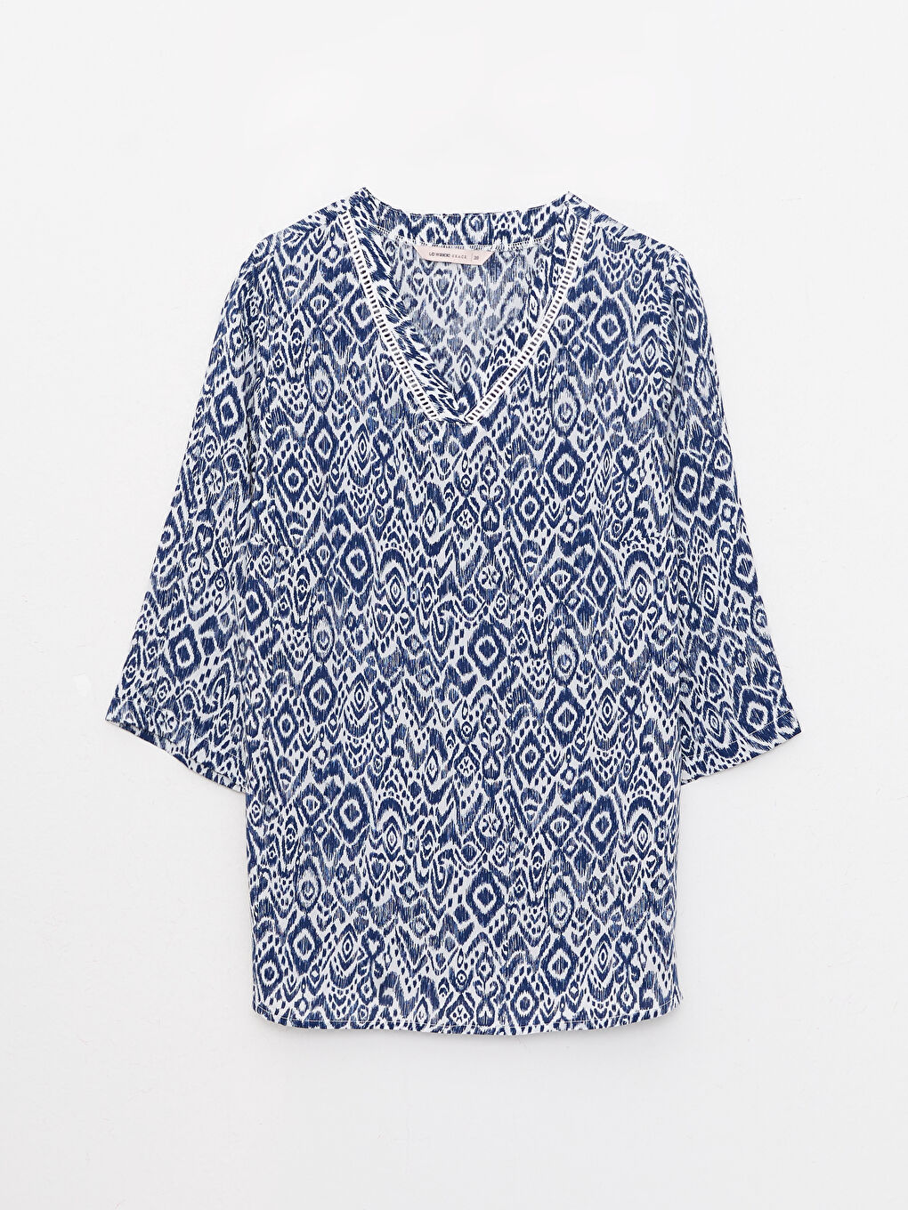 Lacivert V Yaka Desenli Viskon Kadın Bluz-1