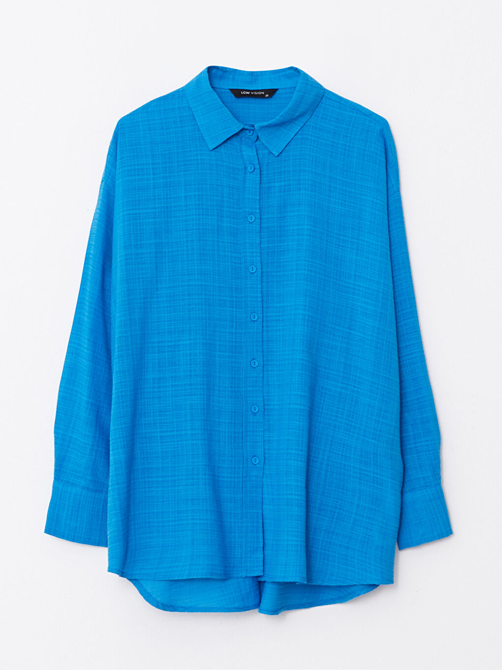 Mavi Önden Düğme Kapamalı Kendinden Desenli Uzun Kollu Kadın Gömlek-5