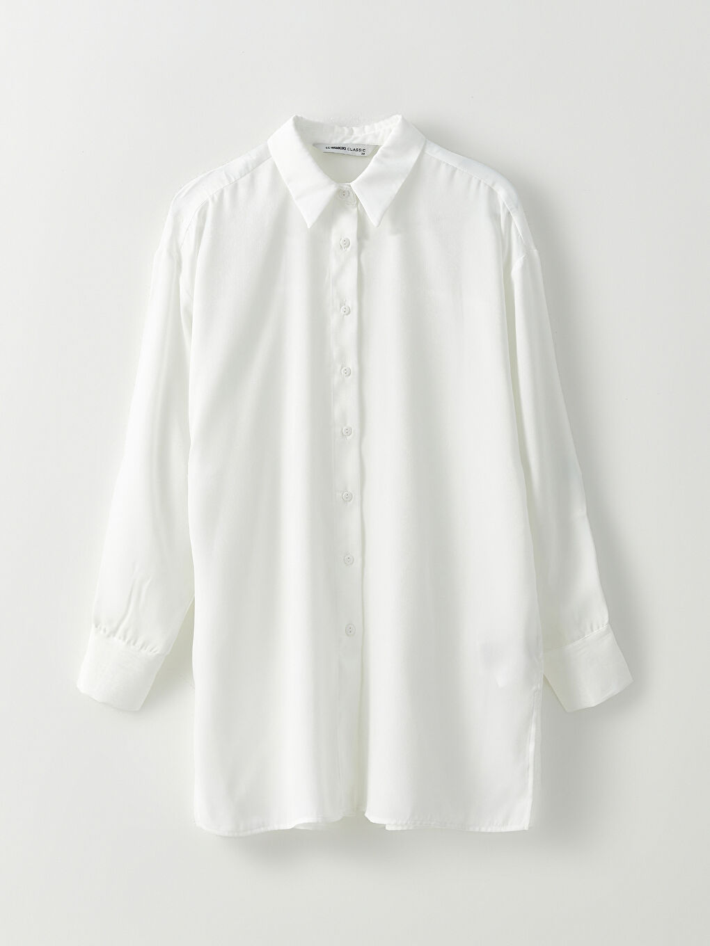 Ekru Önden Düğme Kapamalı Düz Uzun Kollu Saten Kadın Gömlek-5