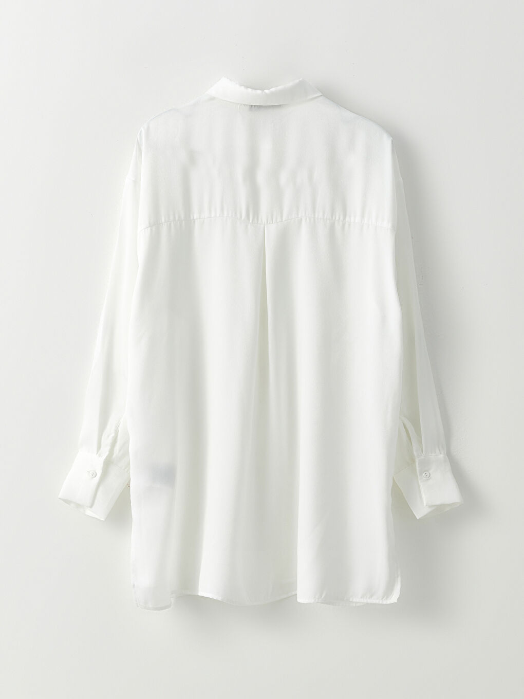 Ekru Önden Düğme Kapamalı Düz Uzun Kollu Saten Kadın Gömlek-6