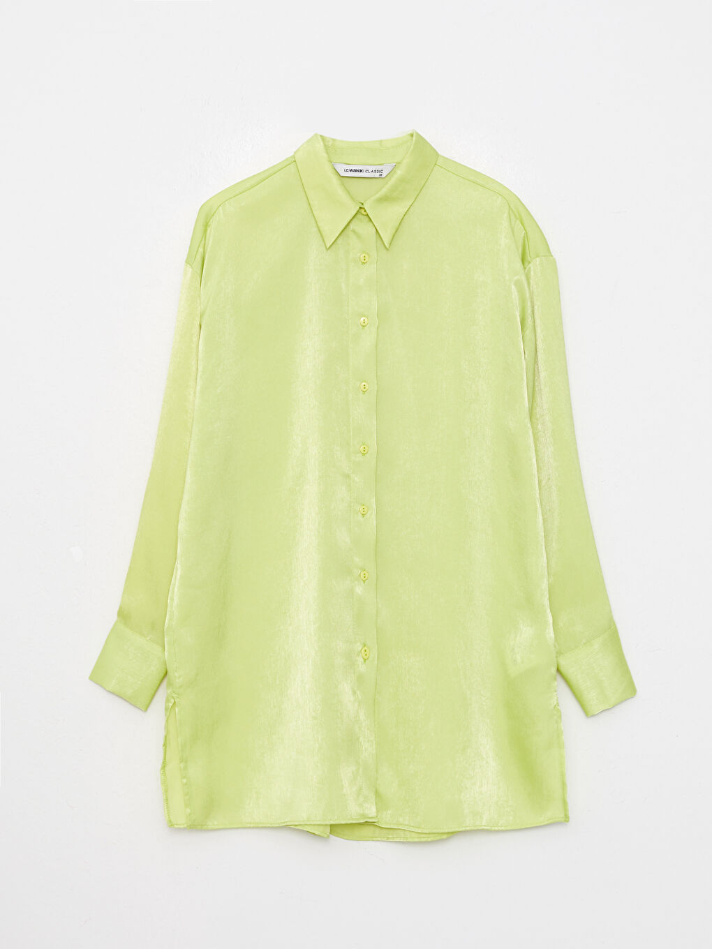 Yeşil Önden Düğme Kapamalı Düz Uzun Kollu Saten Kadın Gömlek-5