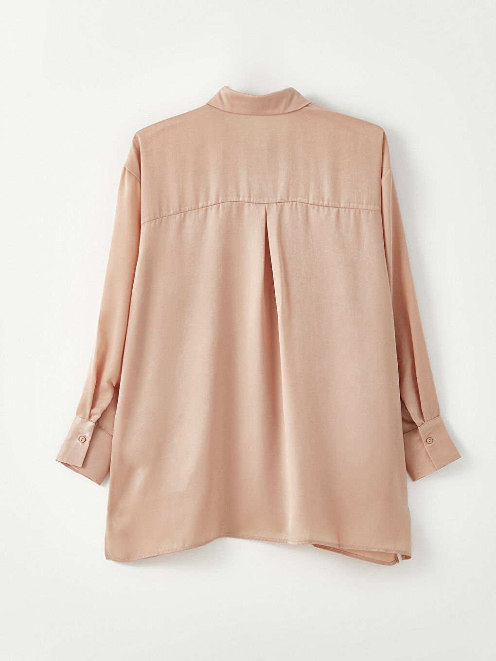 Bej Önden Düğme Kapamalı Düz Uzun Kollu Saten Kadın Gömlek-6