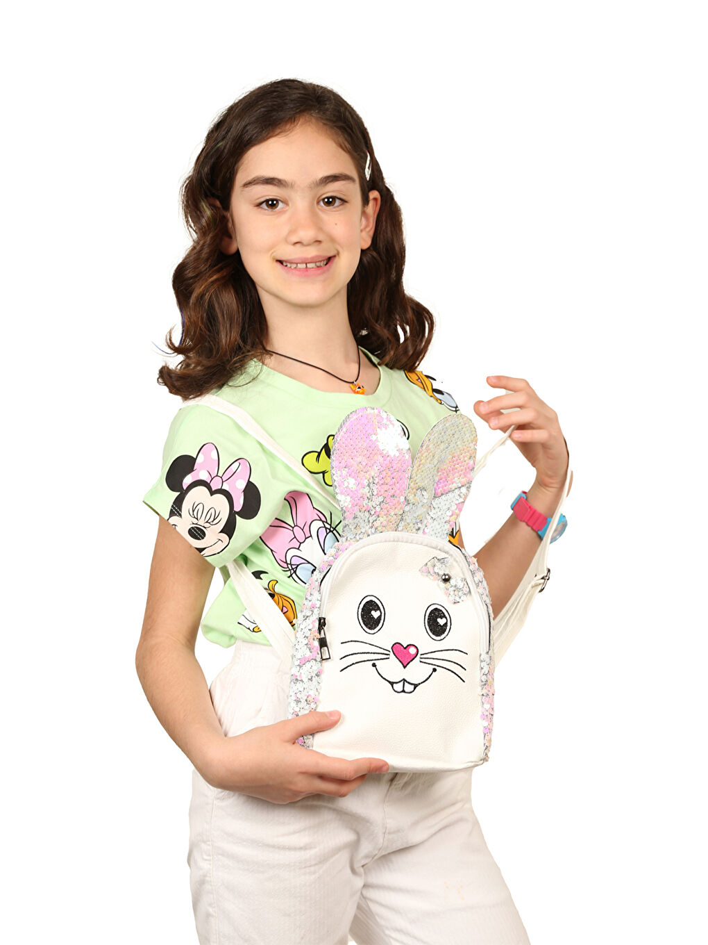 Beyaz Tavşan Figürlü Payetli Kız Çocuk Sırt Çantası-1