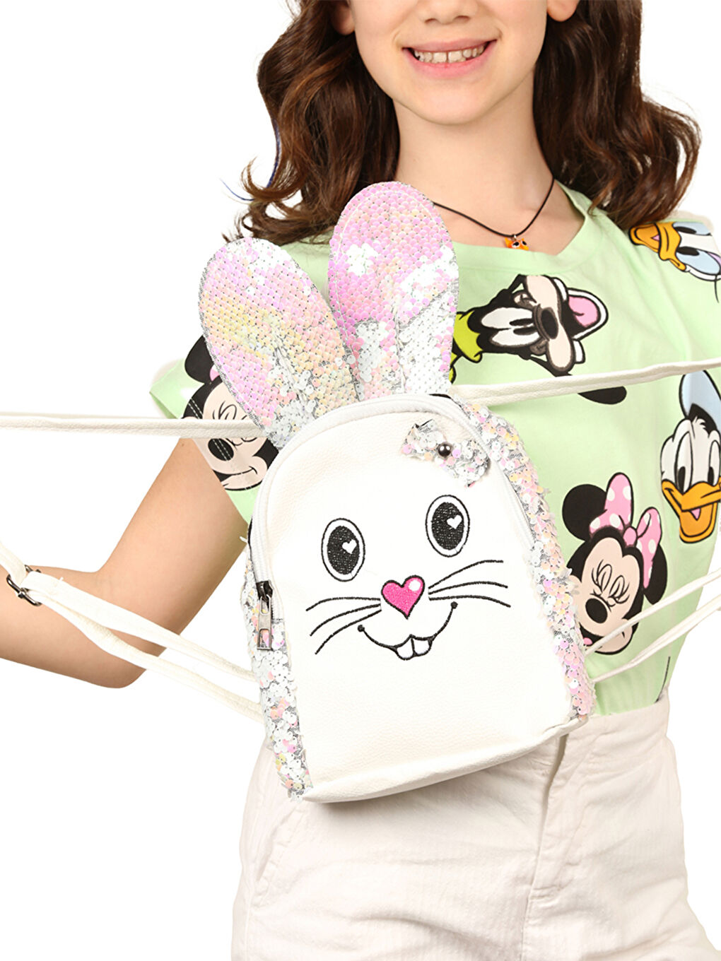 Beyaz Tavşan Figürlü Payetli Kız Çocuk Sırt Çantası-4
