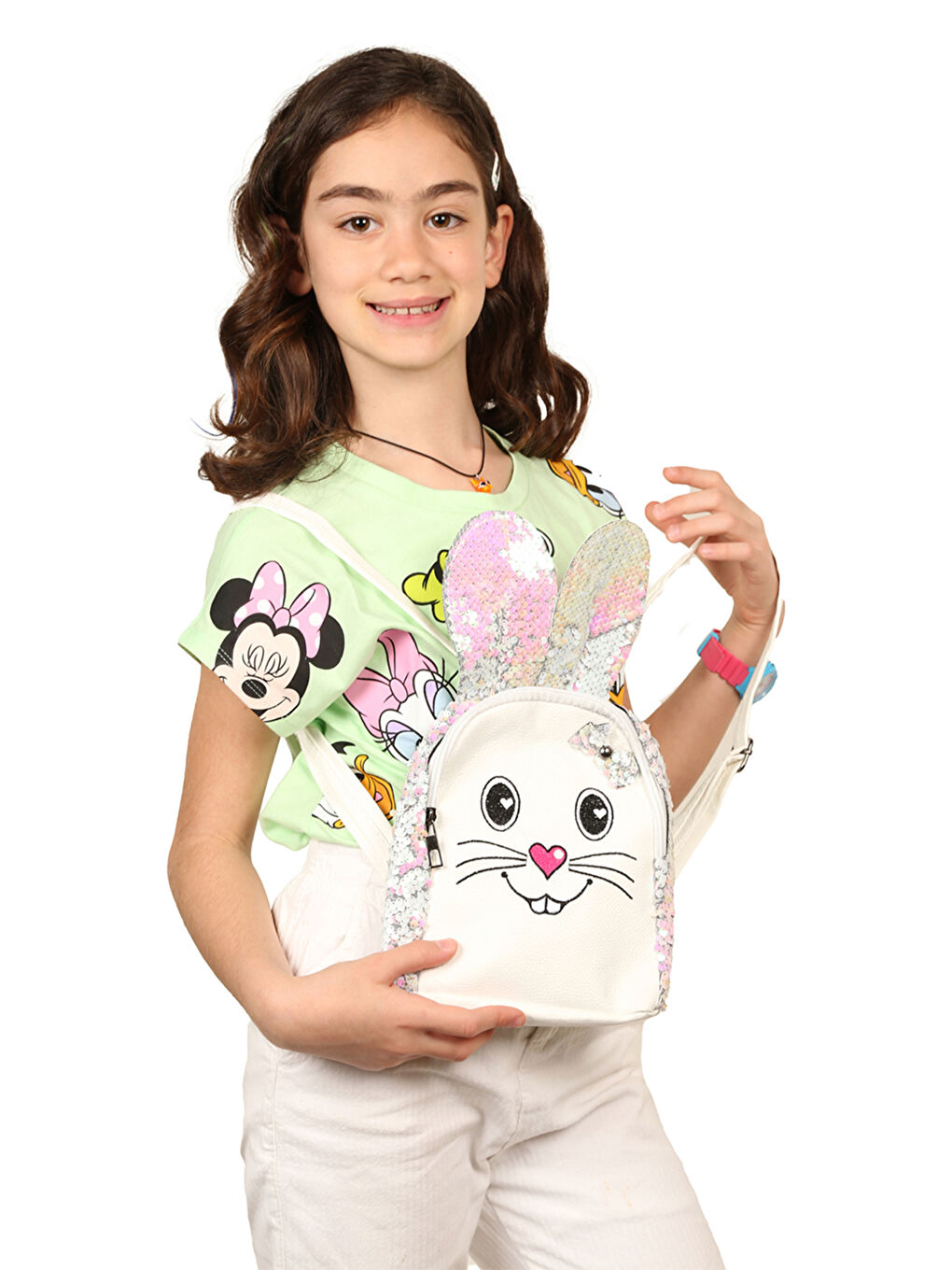 Beyaz Tavşan Figürlü Payetli Kız Çocuk Sırt Çantası