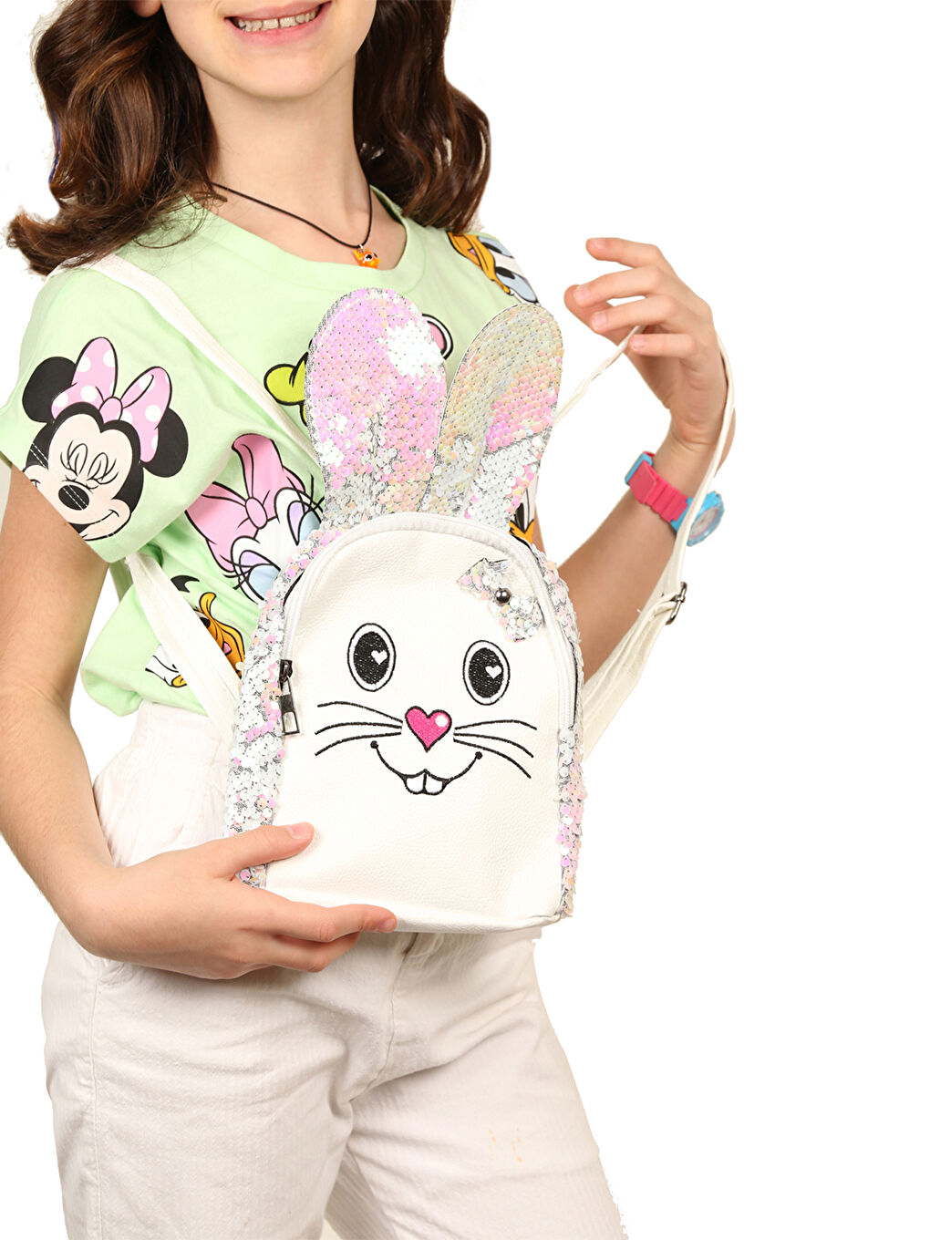Beyaz Tavşan Figürlü Payetli Kız Çocuk Sırt Çantası-2