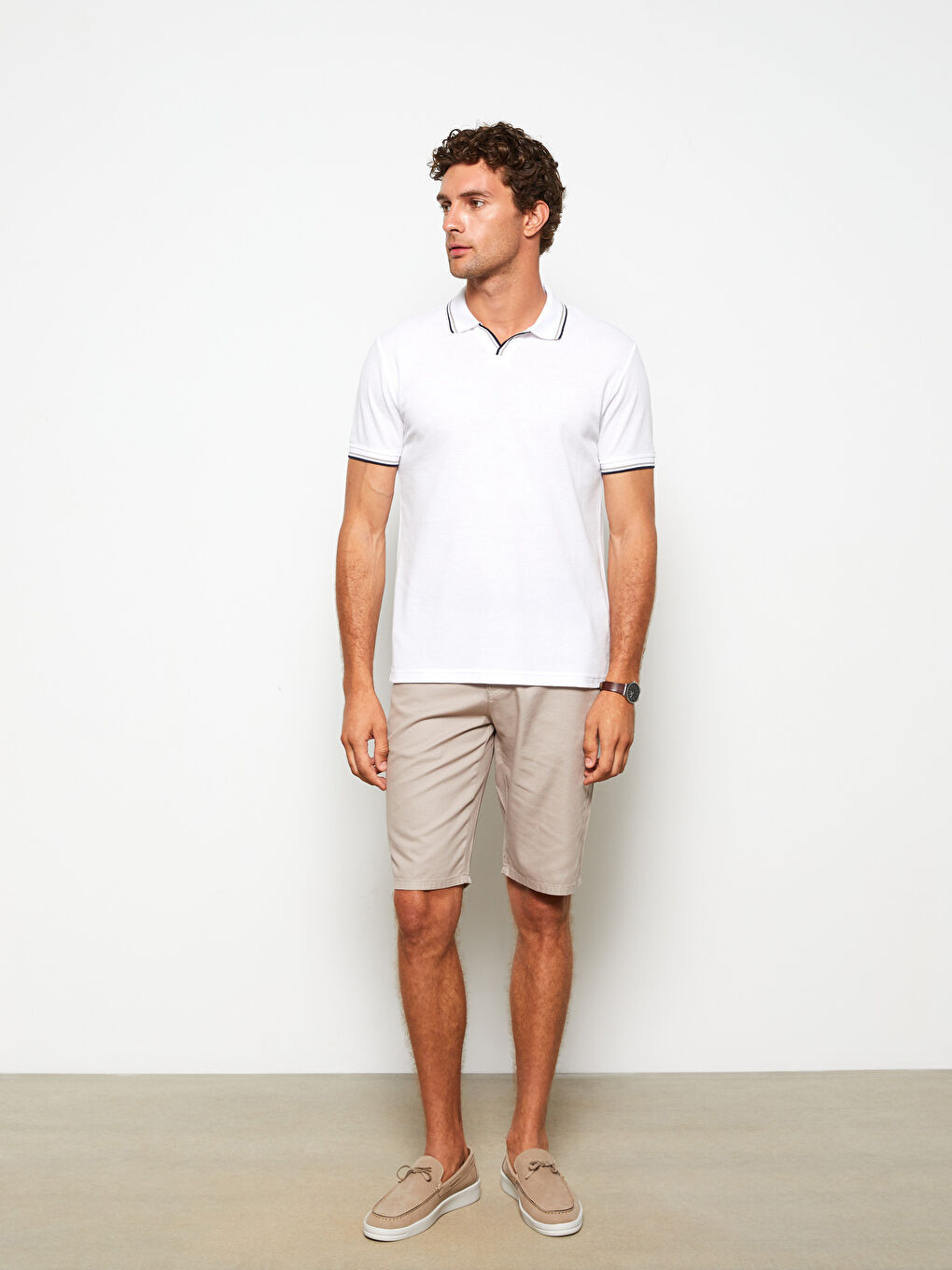 Beyaz Polo Yaka Kısa Kollu Penye Erkek Tişört-2