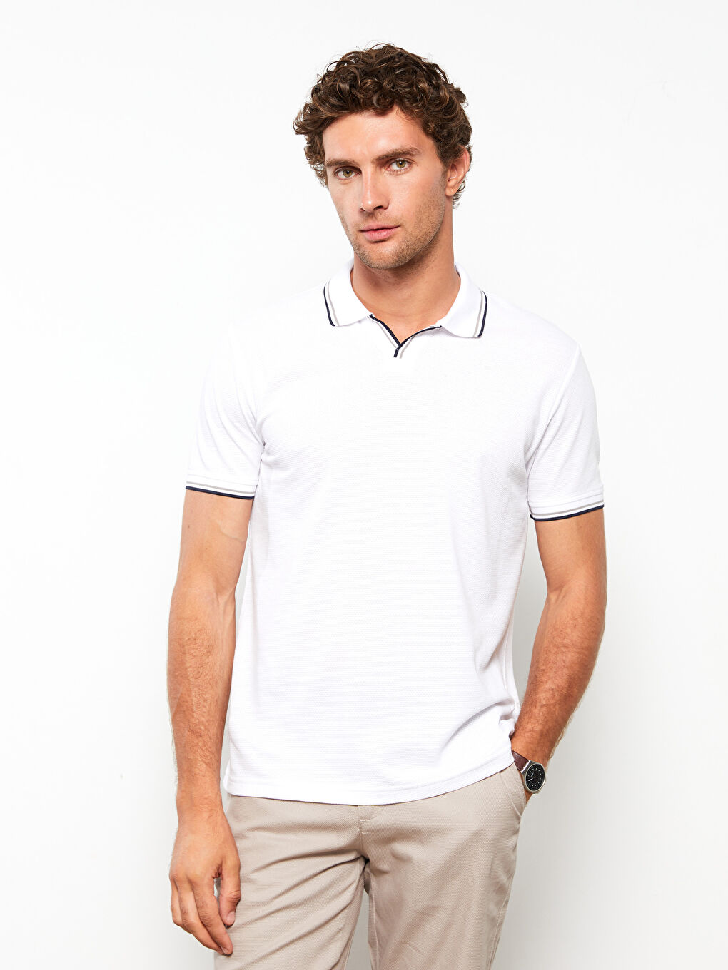 Beyaz Polo Yaka Kısa Kollu Penye Erkek Tişört-3