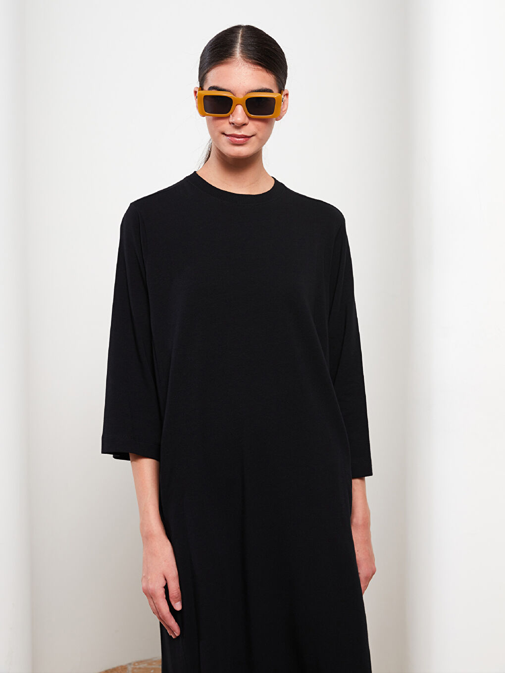 Robe en Coton Unie à Col Rond pour Femmes-2