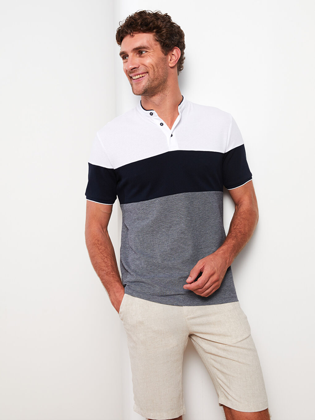 Grandad Collar Short Sleeve Color Block Men's T-Shirt