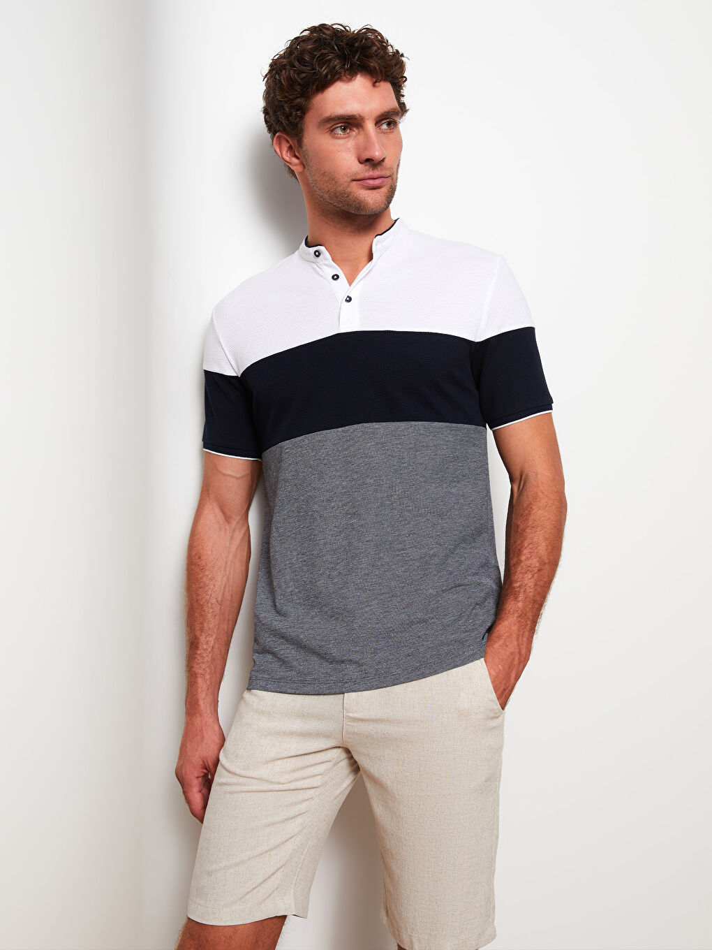 Grandad Collar Short Sleeve Color Block Men's T-Shirt-1