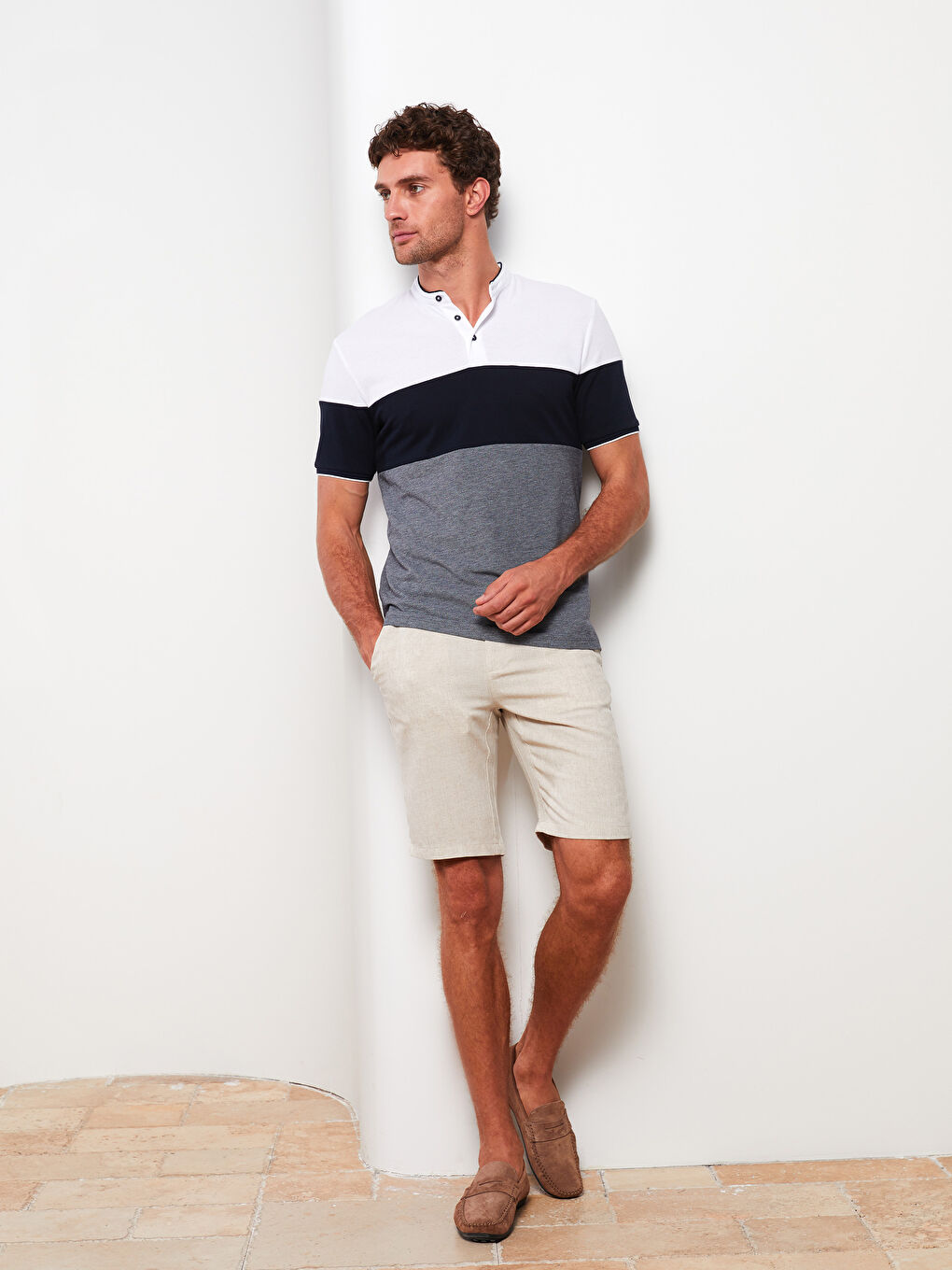 Grandad Collar Short Sleeve Color Block Men's T-Shirt-2