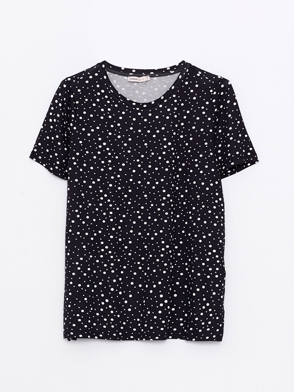 Siyah Bisiklet Yaka Puantiyeli Kısa Kollu Kadın Tişört-5