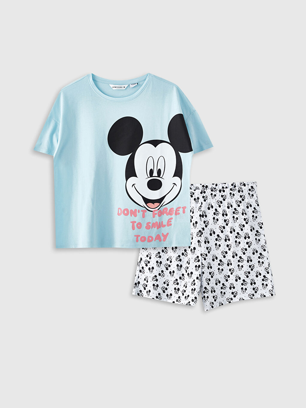 Beyaz Bisiklet Yaka Mickey Mouse Baskılı Kısa Kollu Kadın Pijama Takımı-4
