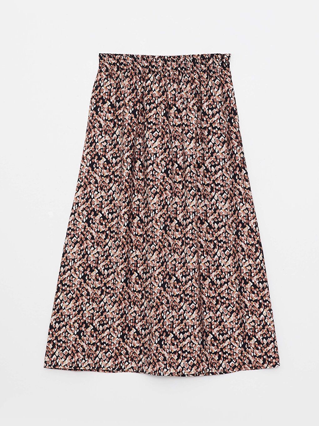 Kahverengi Beli Lastikli Desenli Viskon Kadın Pileli Etek-7