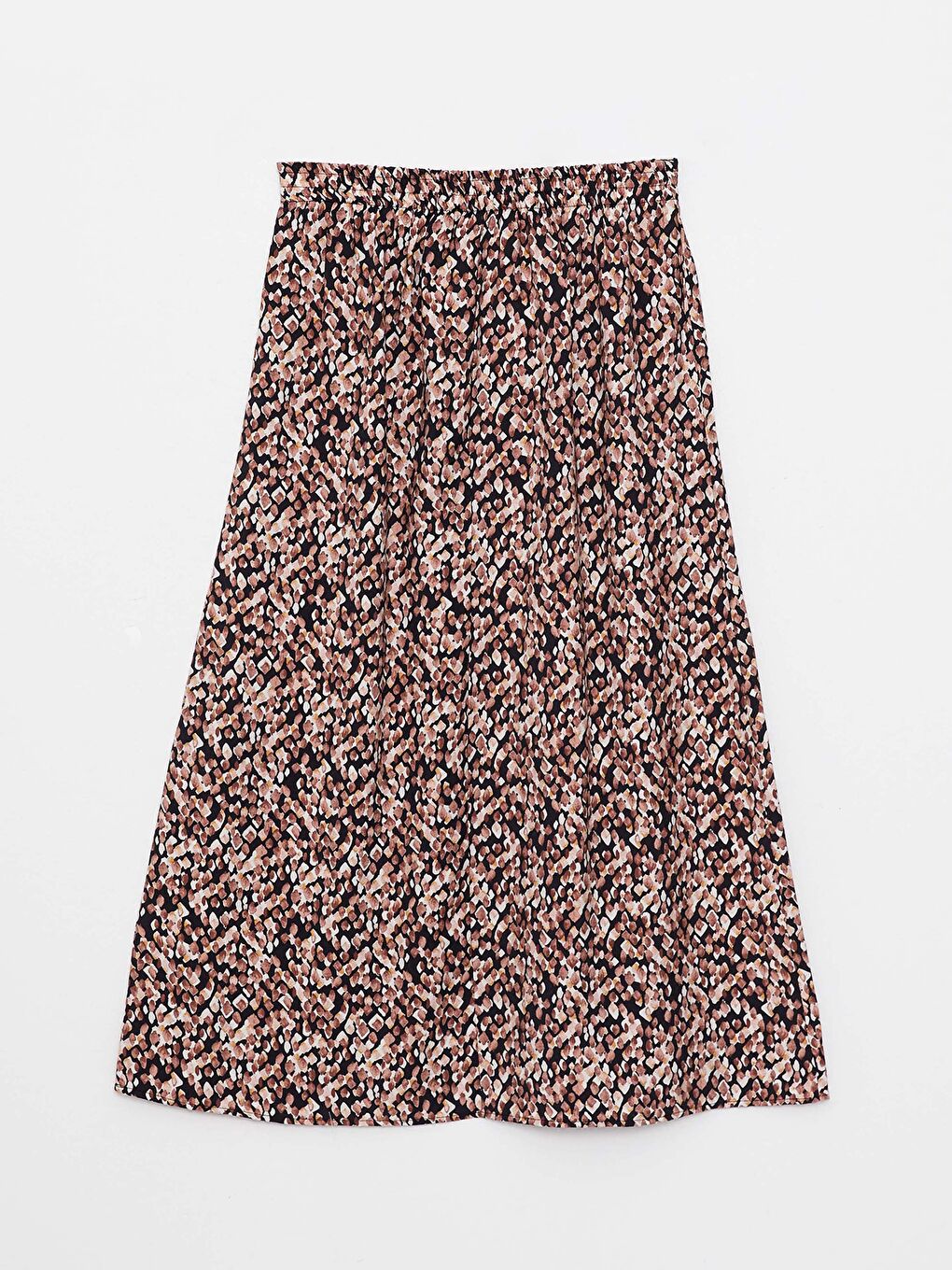 Kahverengi Beli Lastikli Desenli Viskon Kadın Pileli Etek-8