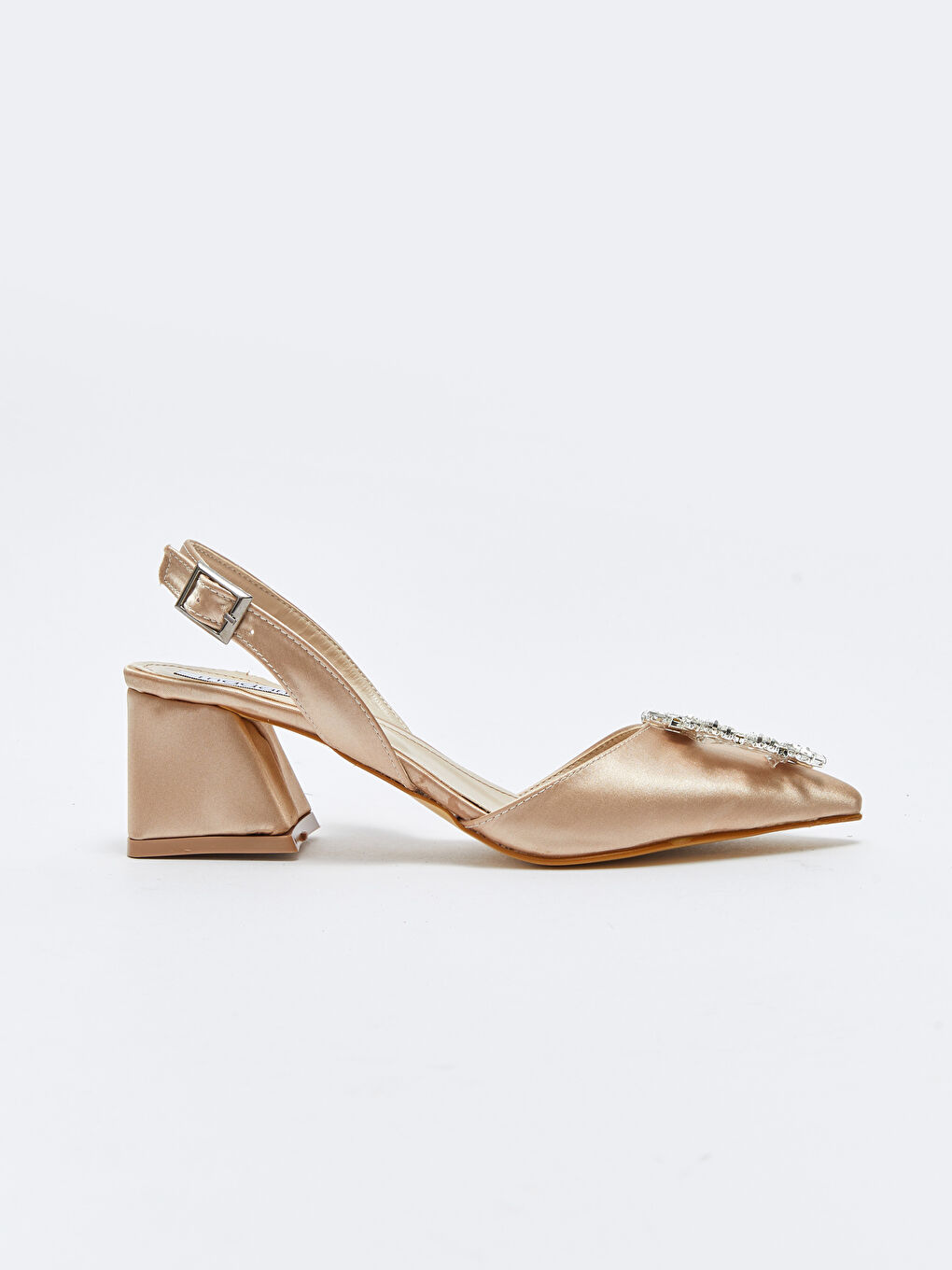 Bej Saten Taş Detaylı Kadın Topuklu Ayakkabı-1