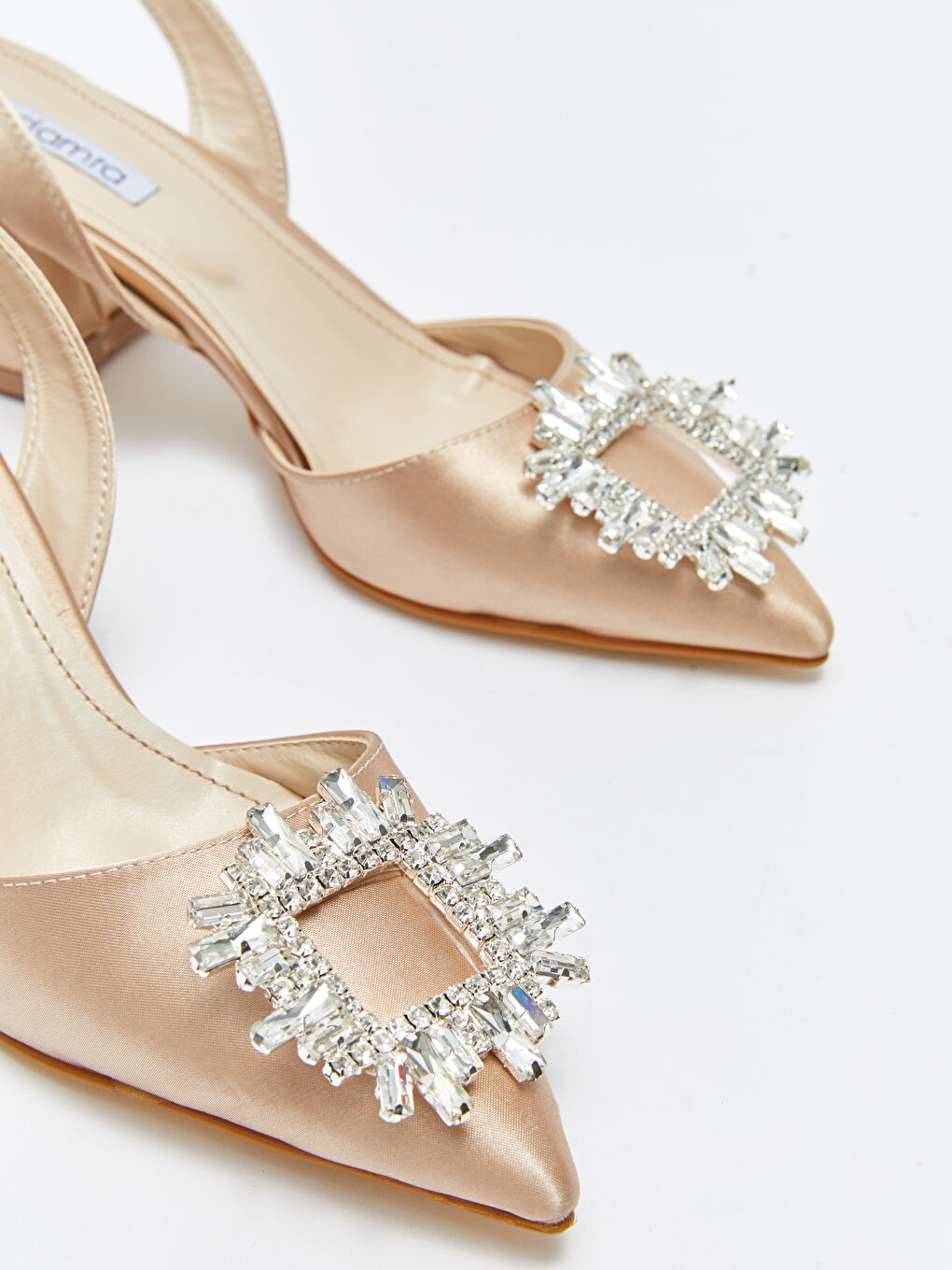 Bej Saten Taş Detaylı Kadın Topuklu Ayakkabı-2