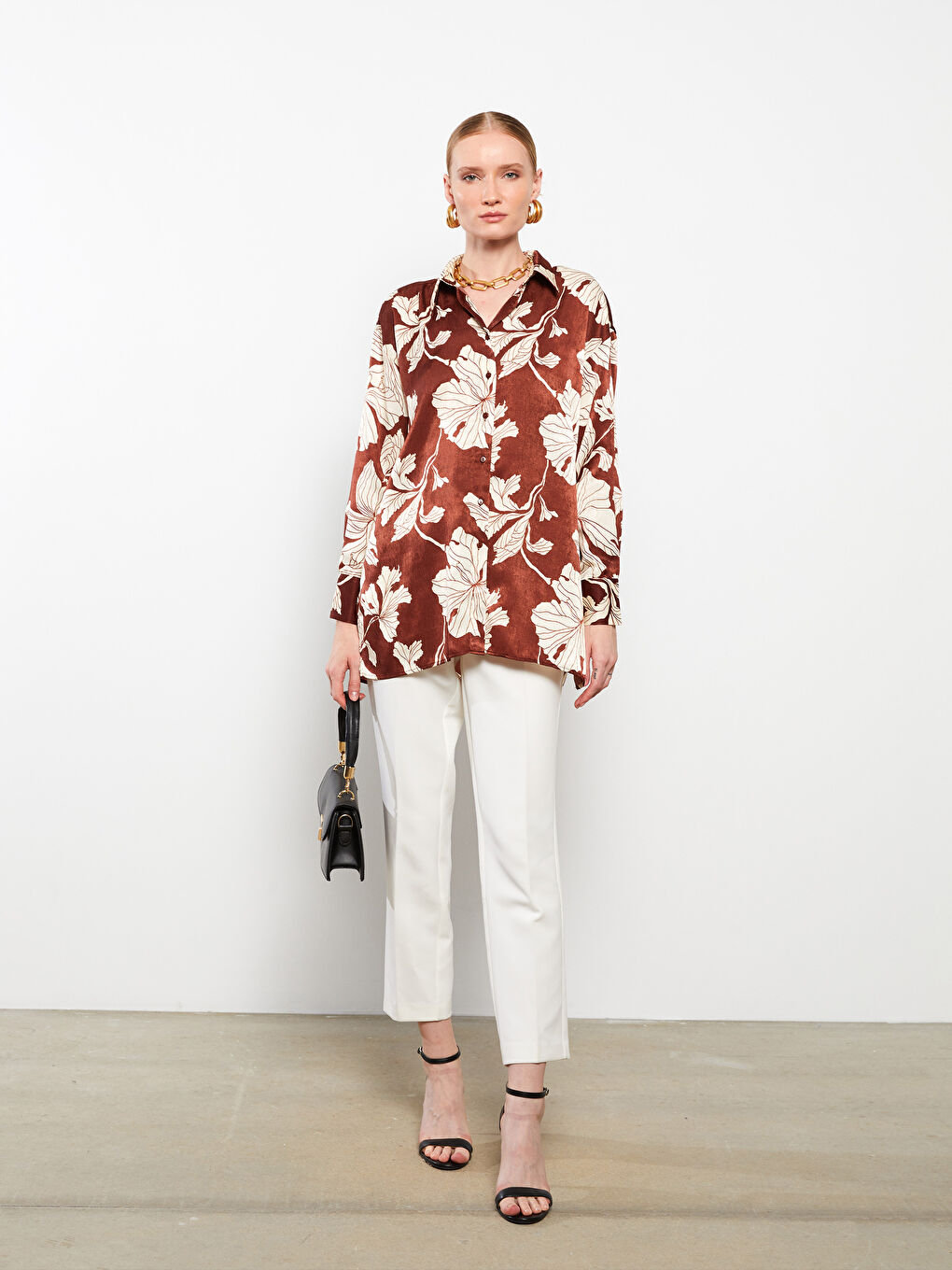 Karışık Çiçekli Uzun Kollu Saten Kadın Gömlek-1