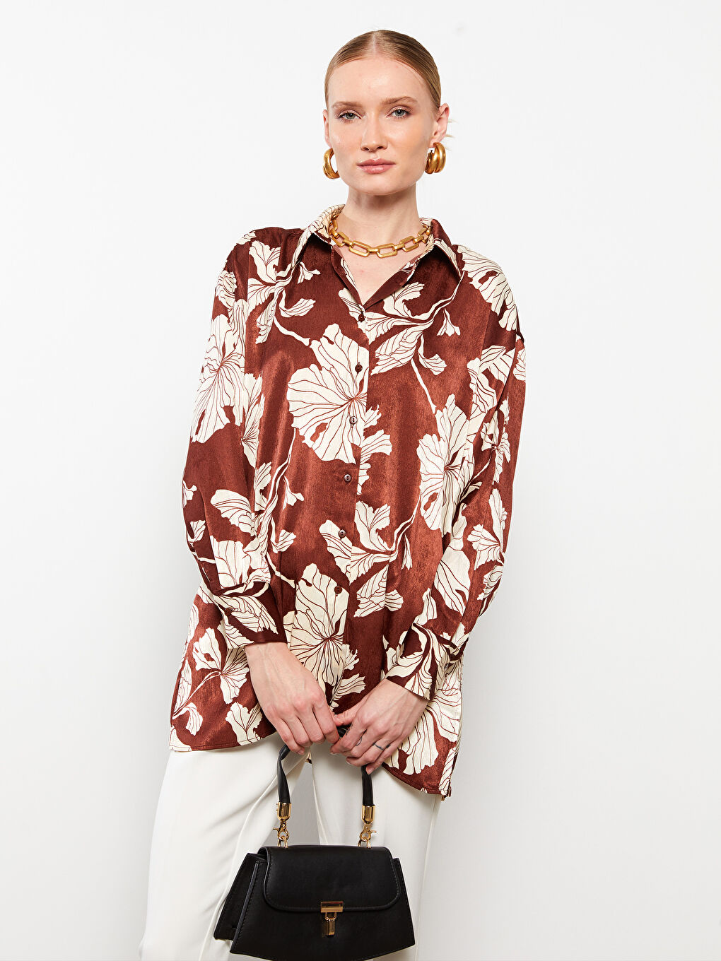 Karışık Çiçekli Uzun Kollu Saten Kadın Gömlek-2