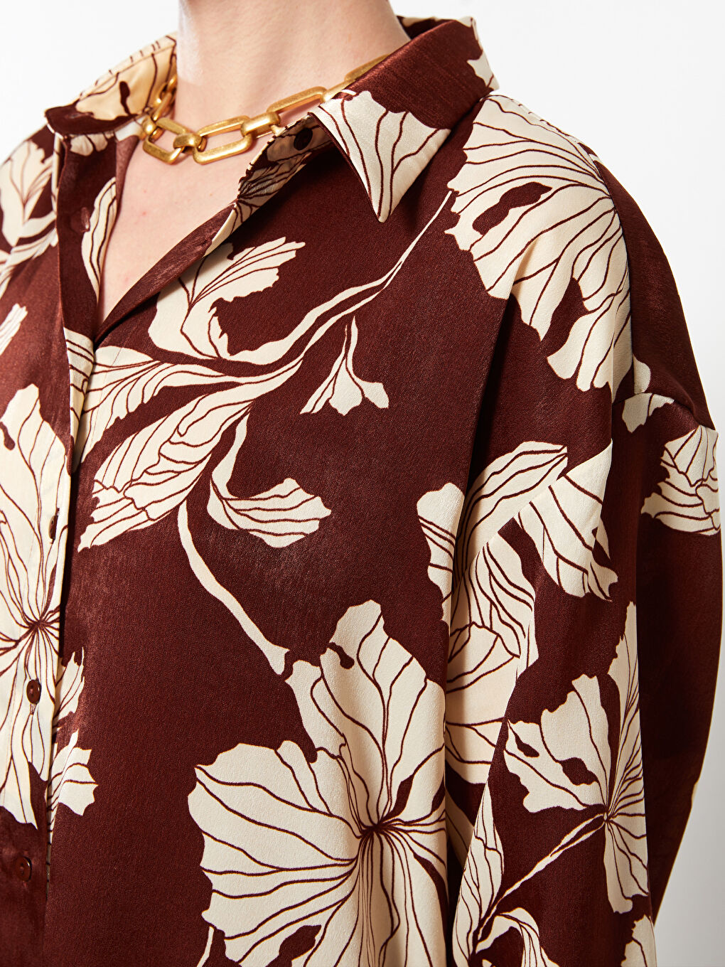 Karışık Çiçekli Uzun Kollu Saten Kadın Gömlek-3