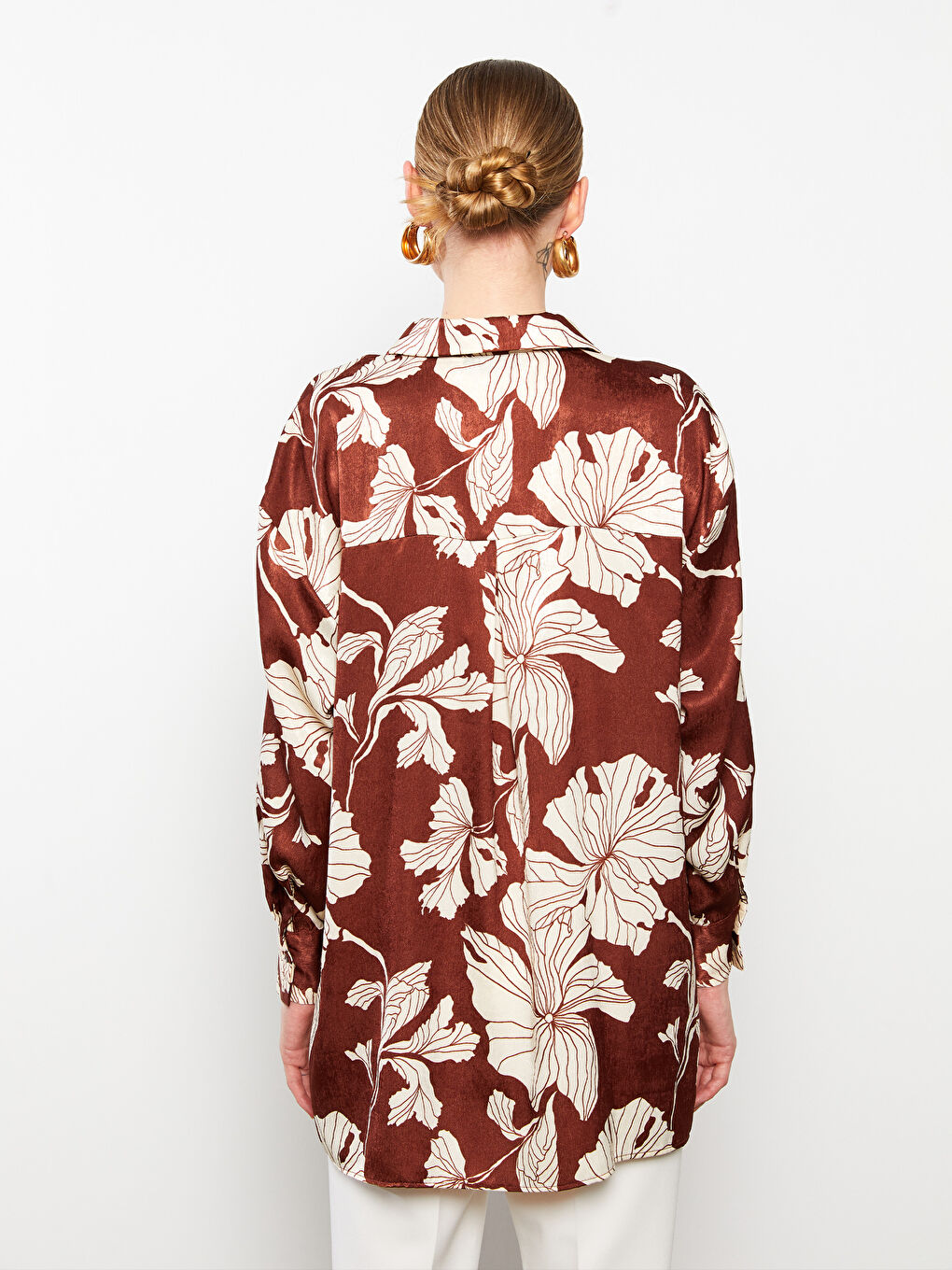 Karışık Çiçekli Uzun Kollu Saten Kadın Gömlek-4