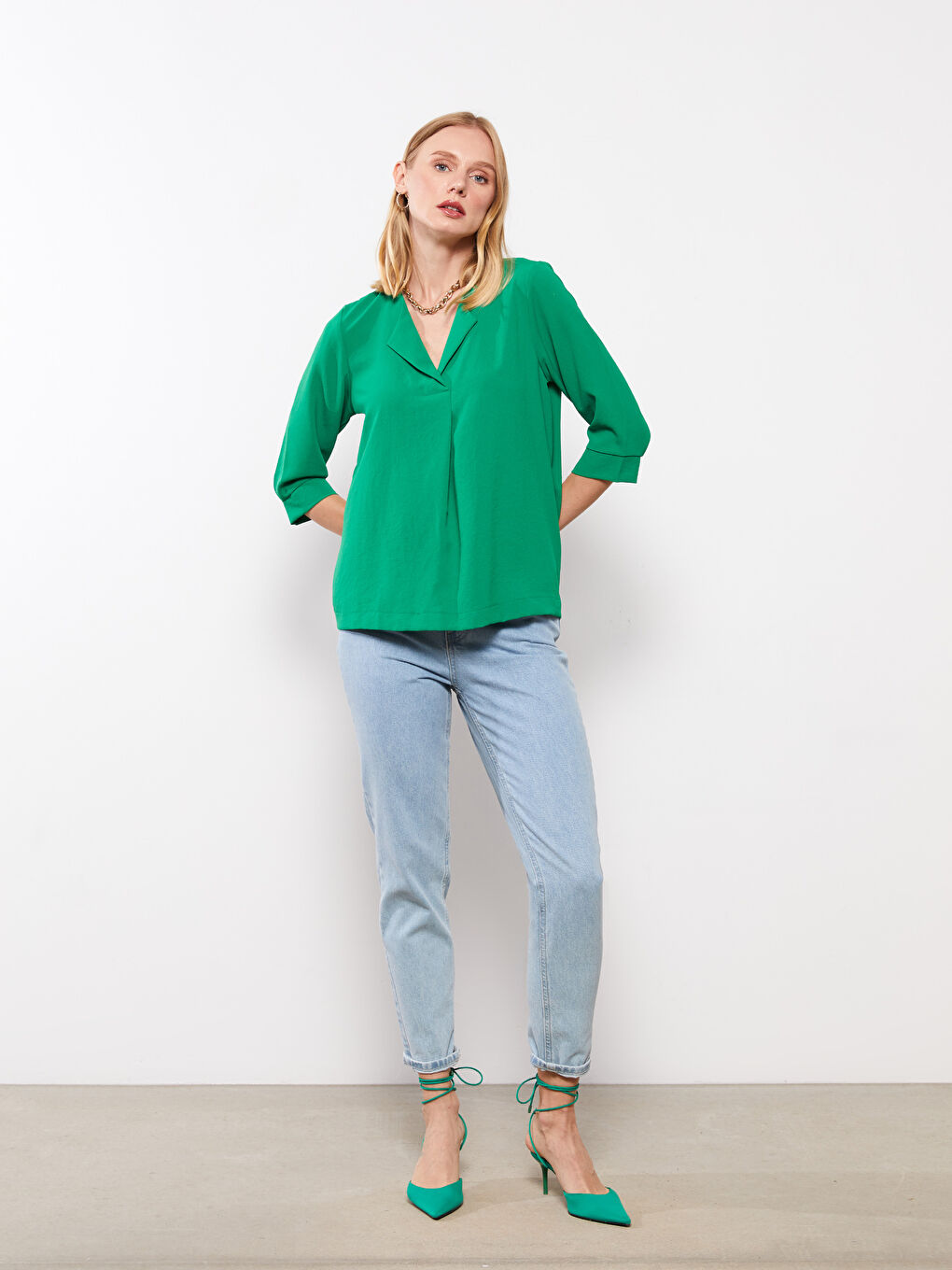 Women's Notch Neck Plain Blouse-2