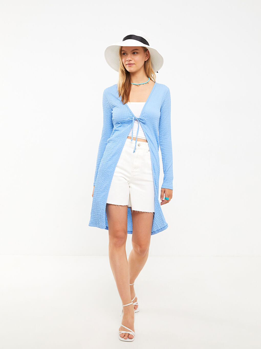 Mavi Şal Yaka Kendinden Desenli Uzun Kollu Kadın Hırka