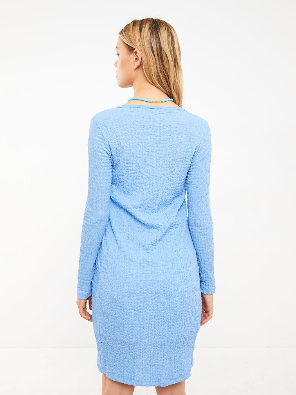 Mavi Şal Yaka Kendinden Desenli Uzun Kollu Kadın Hırka-4