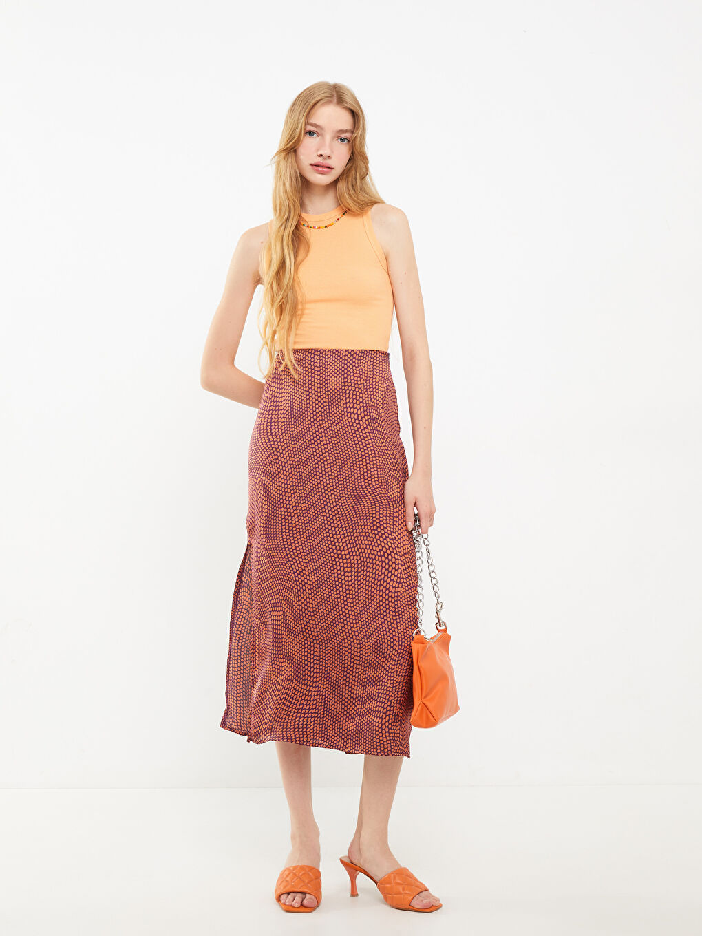 Mor Yırtmaç Detaylı Desenli Kadın Etek-1