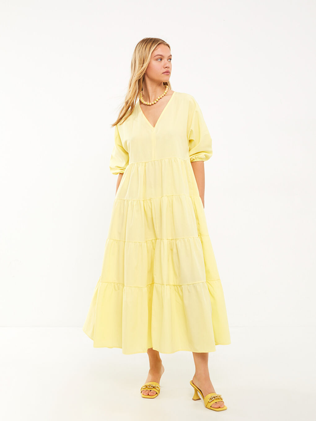 Sarı V Yaka Kısa Kollu Viskon Kadın Elbise