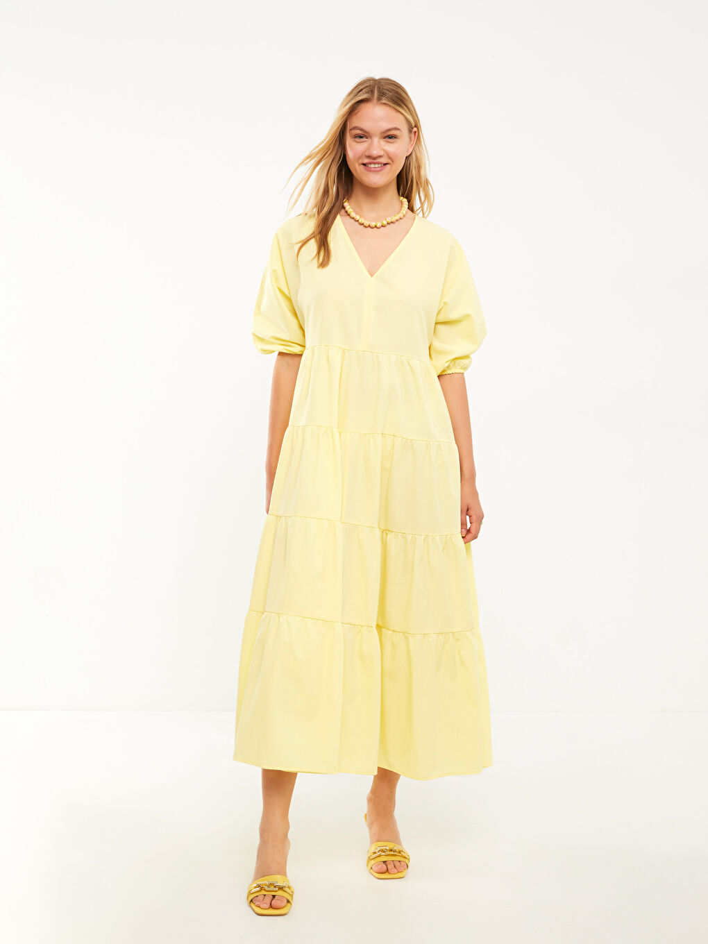 Sarı V Yaka Kısa Kollu Viskon Kadın Elbise-1