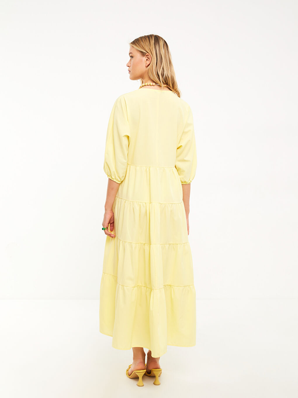 Sarı V Yaka Kısa Kollu Viskon Kadın Elbise-4