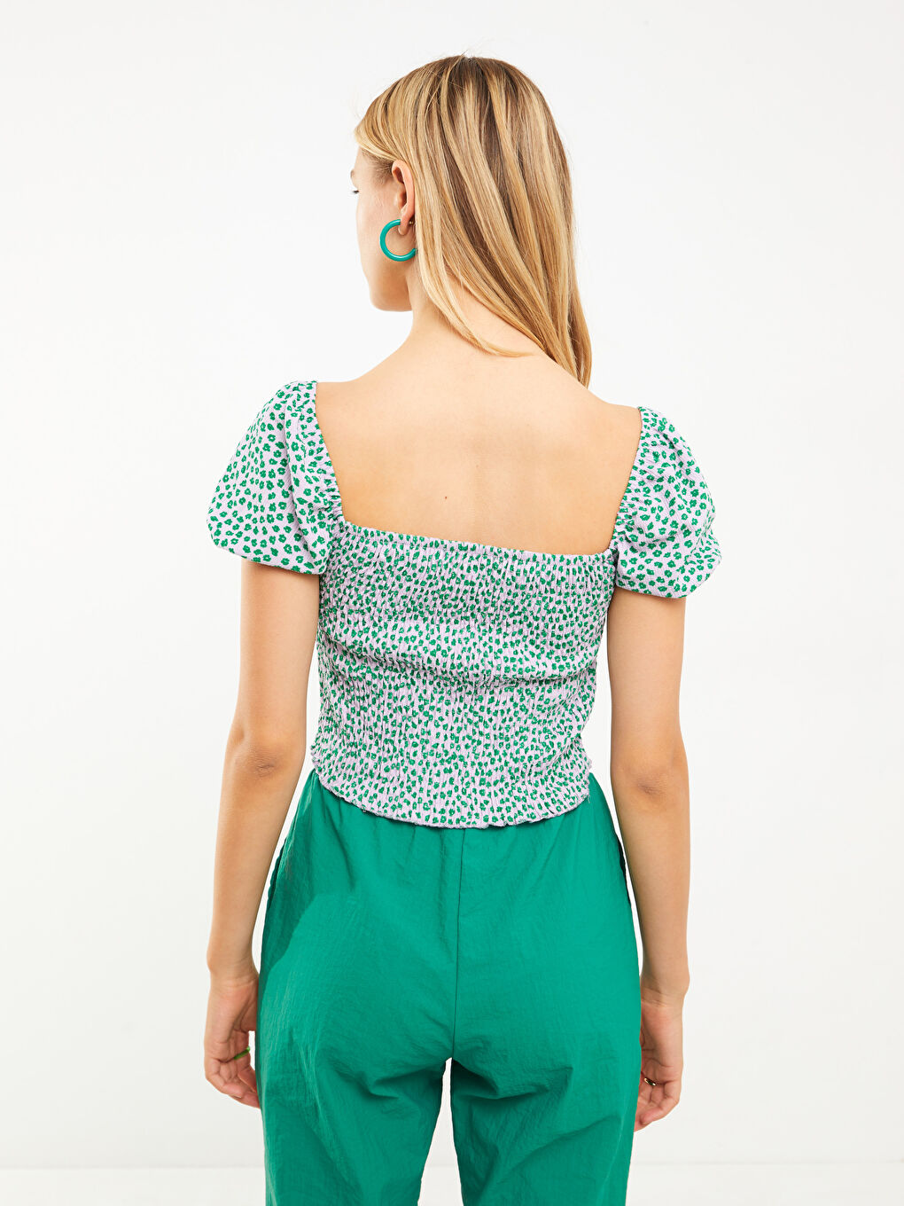 Lila Kare Yaka Desenli Kısa Kollu Kadın Bluz-4