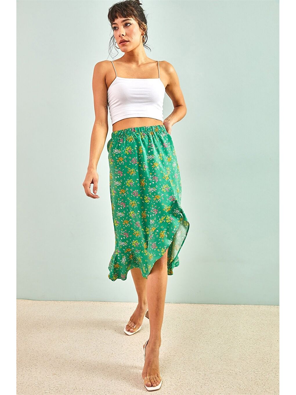 Yeşil Beli Lastikli Desenli Viskon Kadın Etek-1