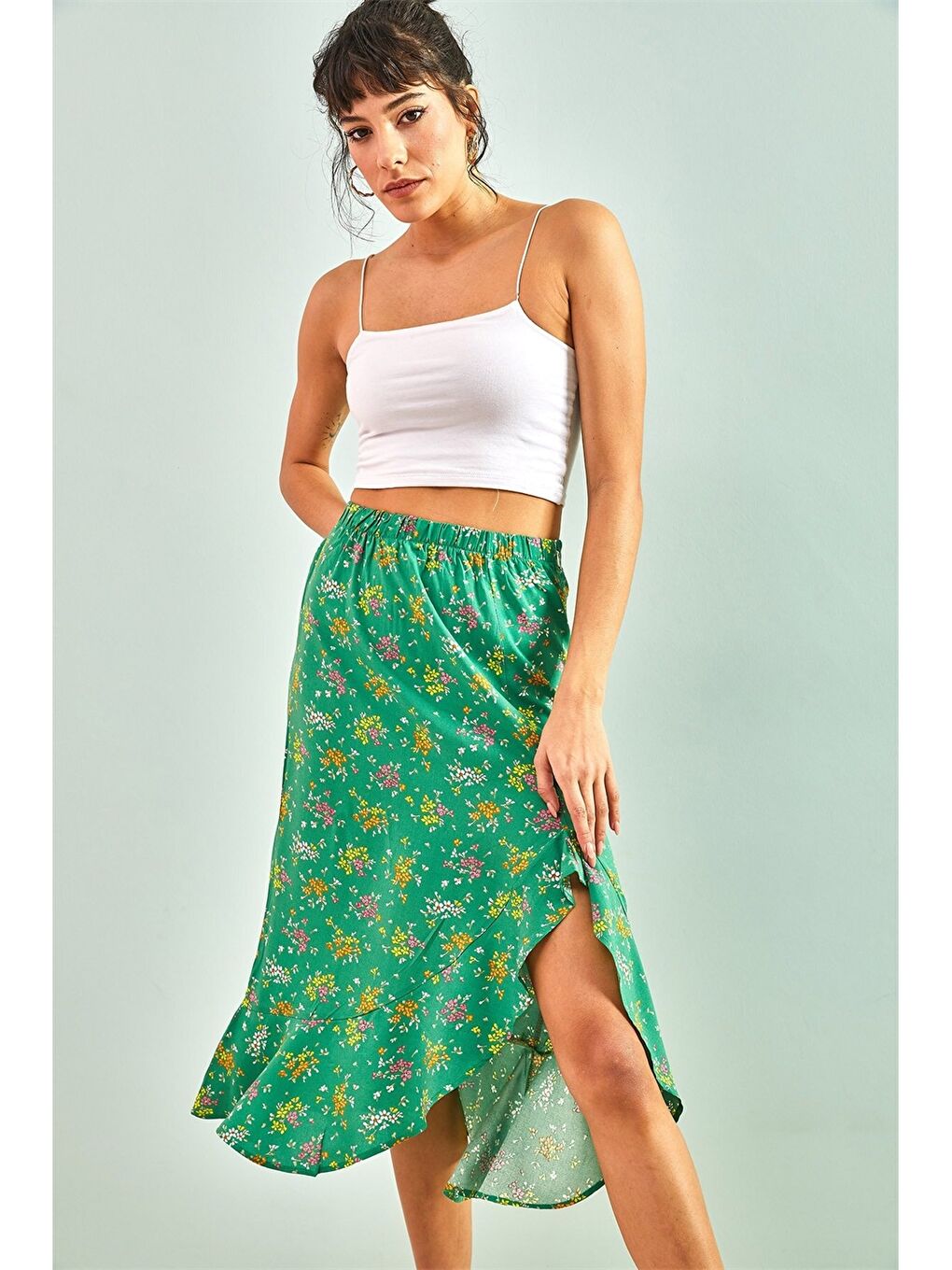 Yeşil Beli Lastikli Desenli Viskon Kadın Etek-2