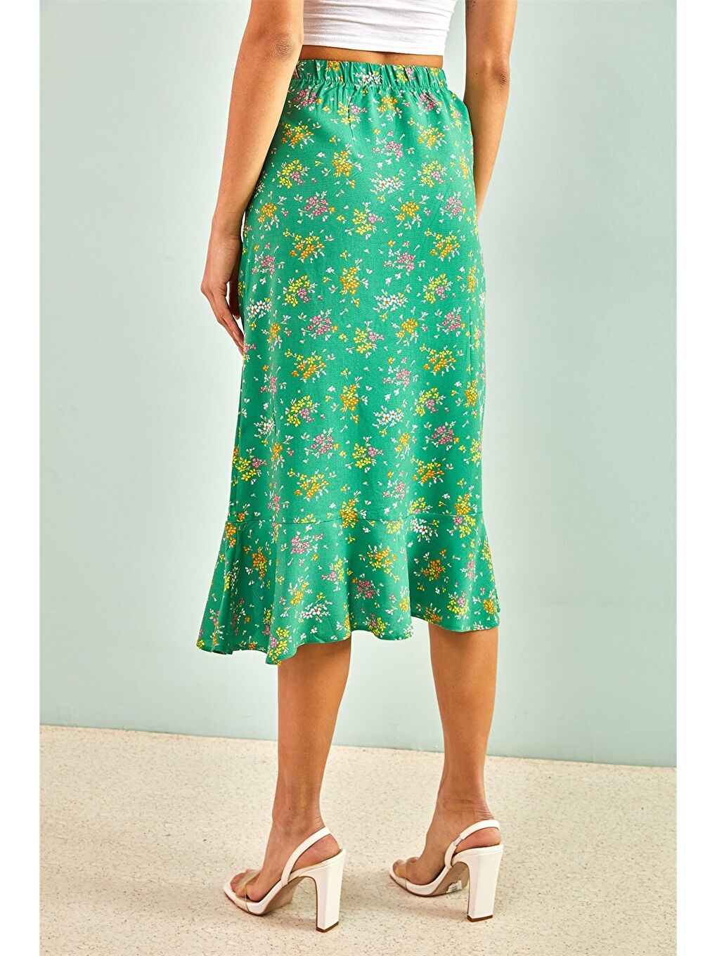Yeşil Beli Lastikli Desenli Viskon Kadın Etek-3
